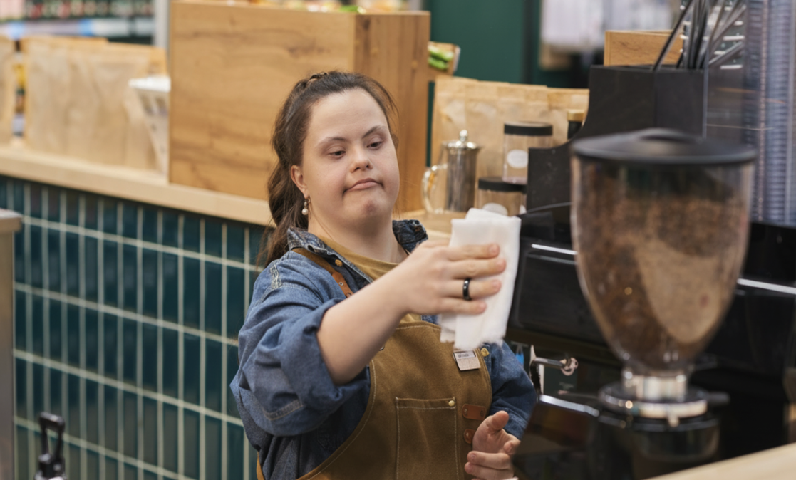 a young woman with down-syndrome is working in a coffee shop. she is stood in front of a coffee machine and holding a folded paper towel. she is wearing an apron and looks concentrated.
