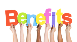 an image of different hands holding up colourful letters. the letters spell out benefits. From left to right, the colours are red, green, blue, yellow, pink, purple, yellow, and red.