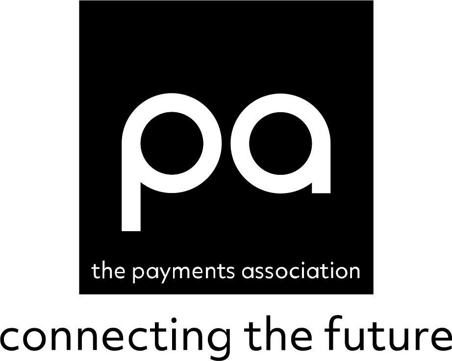An image of a black square with white writing on it. The middle has large white letters 'pa', with smaller text 'the payments association' under it. Underneath the square, in black writing 'connecting the future'.