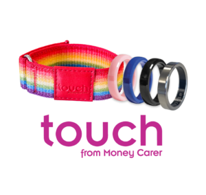 Image of a rainbow payment bracelet, and 4 payment rings which are pink, blue, black and silver. Below, there is a pink 'touch from Money Carer' logo.