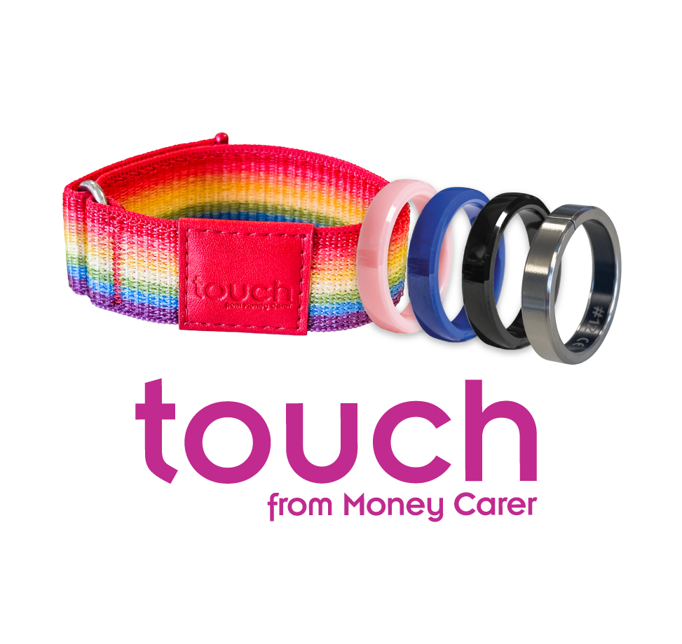 Image of a rainbow payment bracelet, and 4 payment rings which are pink, blue, black and silver. Below, there is a pink 'touch from Money Carer' logo.