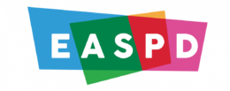 A multicoloured logo with white lettering saying 'EASPD'. The background is made up of two asymmetrical squares, the back is half blue and half pink, and the front is half green half yellow.